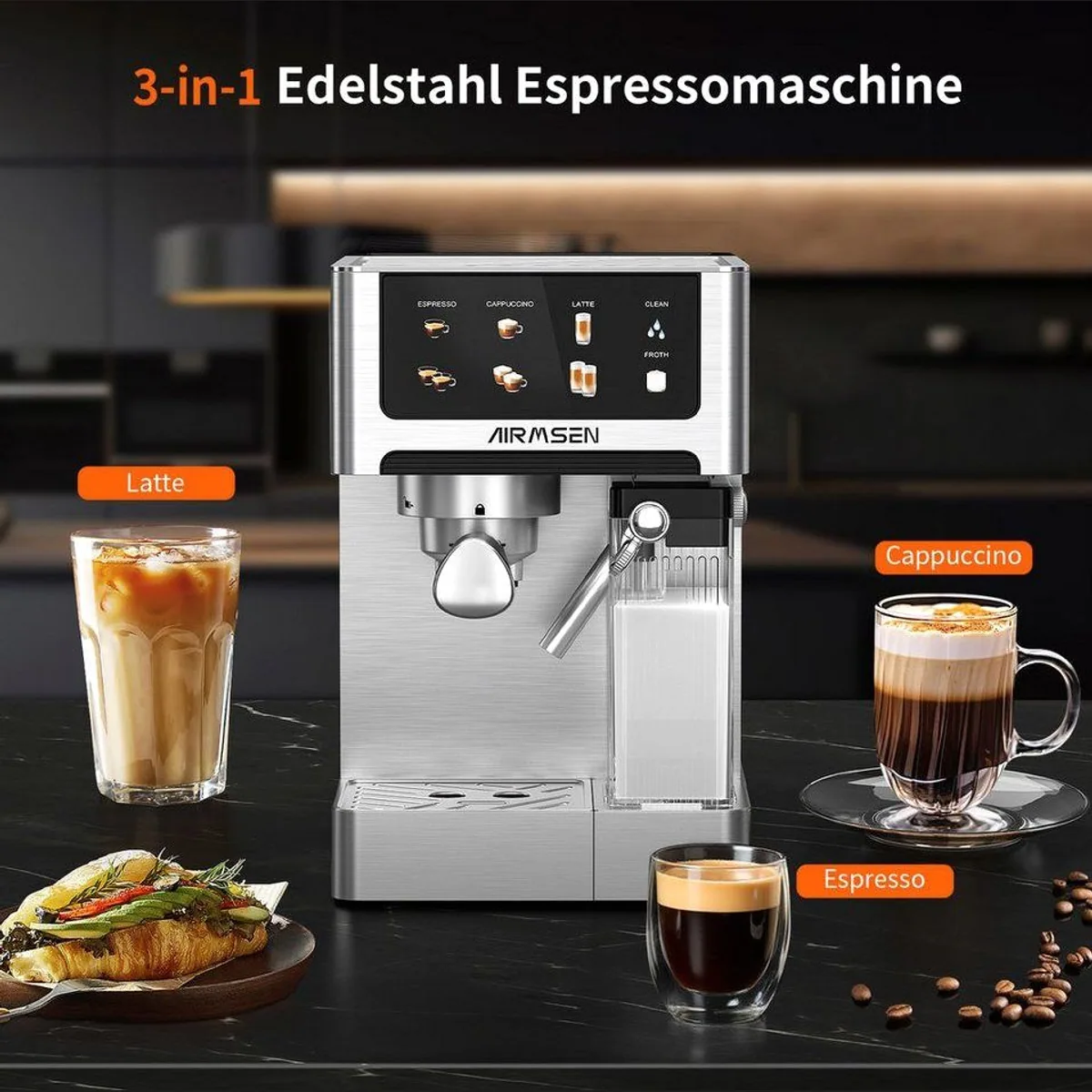 Airmsen Espressomaschine 20 Bar, automatischer Milchaufschäumer, Doppelkessel, Edelstahl — für vollmundigen Genuss 2