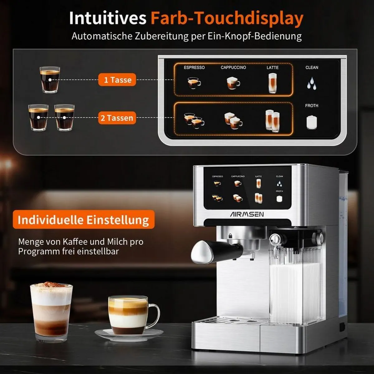 Airmsen Espressomaschine 20 Bar, automatischer Milchaufschäumer, Doppelkessel, Edelstahl — für vollmundigen Genuss 3