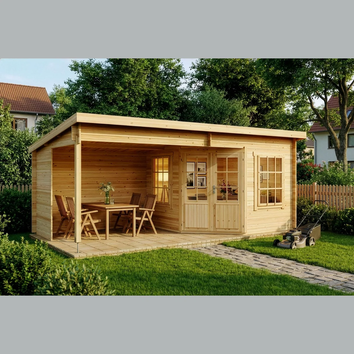 Alpholz Gartenhaus Carl, 28mm Wandstärke, Naturbelassen — Raumvolumen 35,1 m³, Doppeltür, 2 Fenster
