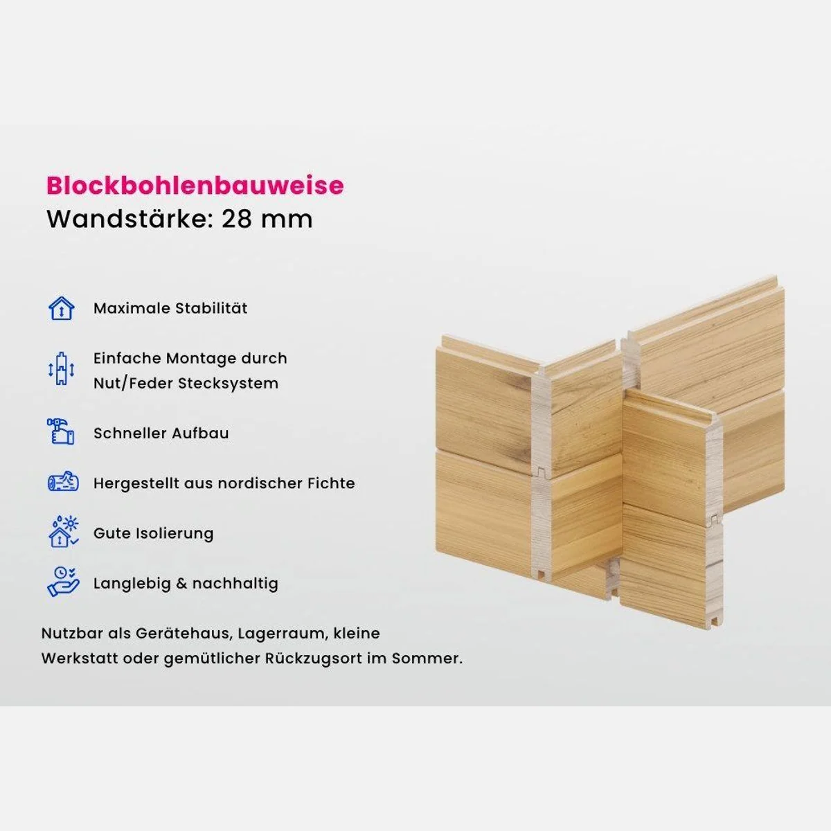 Alpholz Gartenhaus Carl, 28mm Wandstärke, Naturbelassen — Raumvolumen 35,1 m³, Doppeltür, 2 Fenster 5