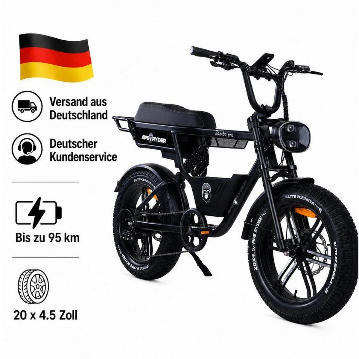 APE RYDER Jambo Pro E-Bike, 250 W Motor, 48 V Akku, 95 km Reichweite