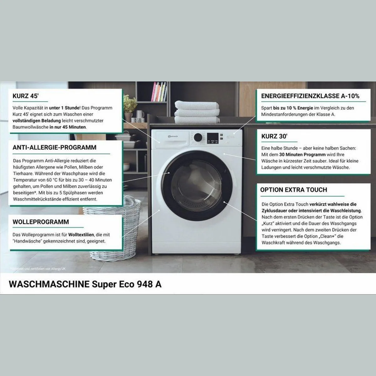 BAUKNECHT Super Eco 948 A Waschmaschine, 9 kg, 1400 U/min, energieeffizient und zeitsparend 3