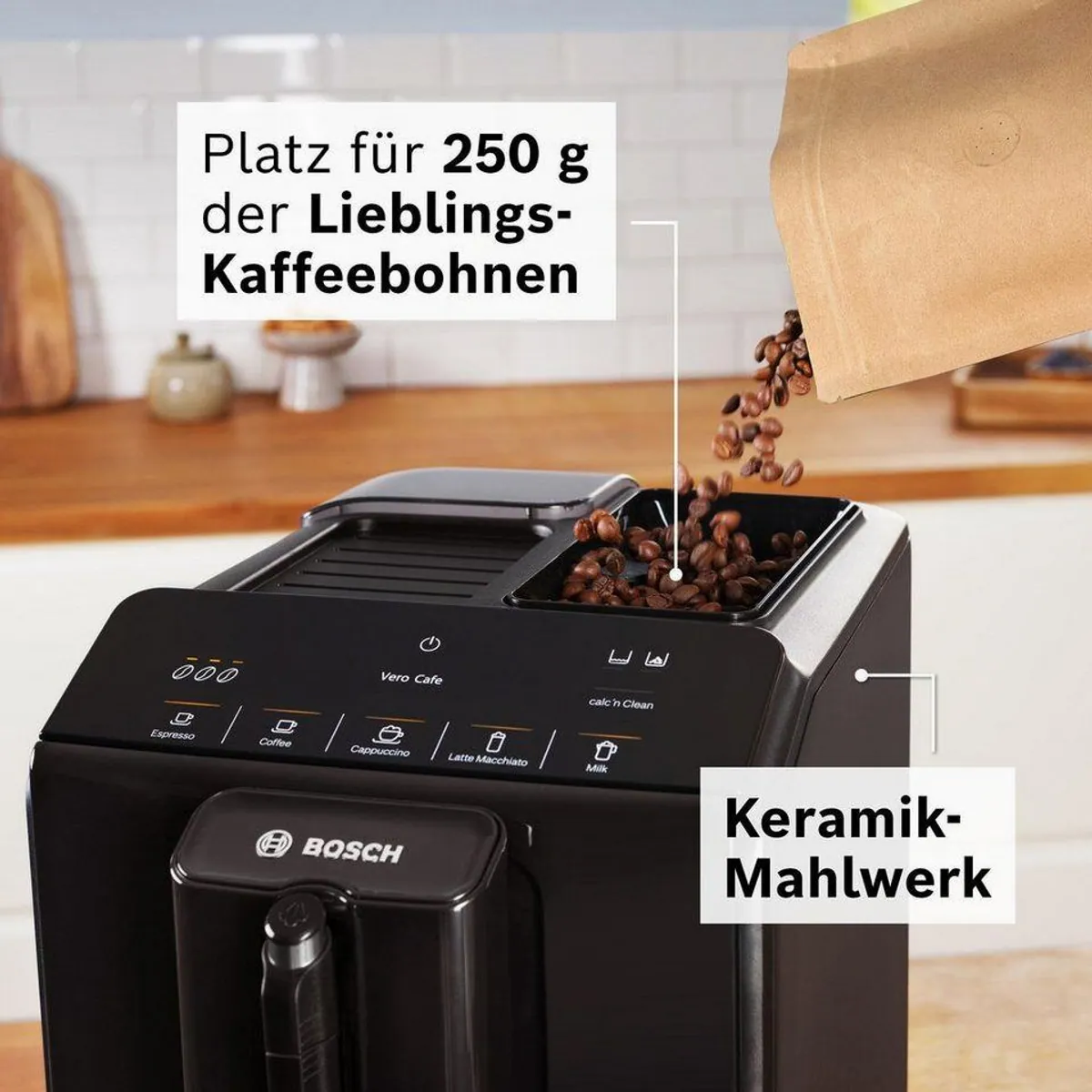 BOSCH VeroCafe Kaffeevollautomat, One-Touch, MilkMagic Pro, Keramik-Mahlwerk 3
