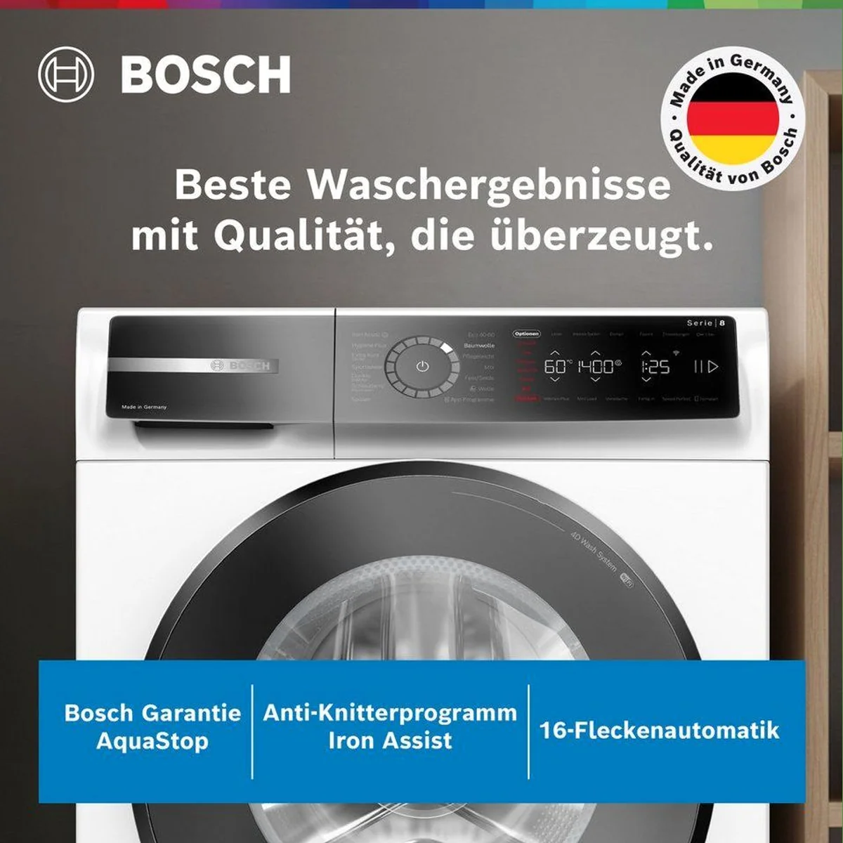 BOSCH Waschmaschine Serie 8 WGB244071, 9 kg, 1400 U/min — Energieeffizienz A, Invertermotor, Nachlegefunktion 2