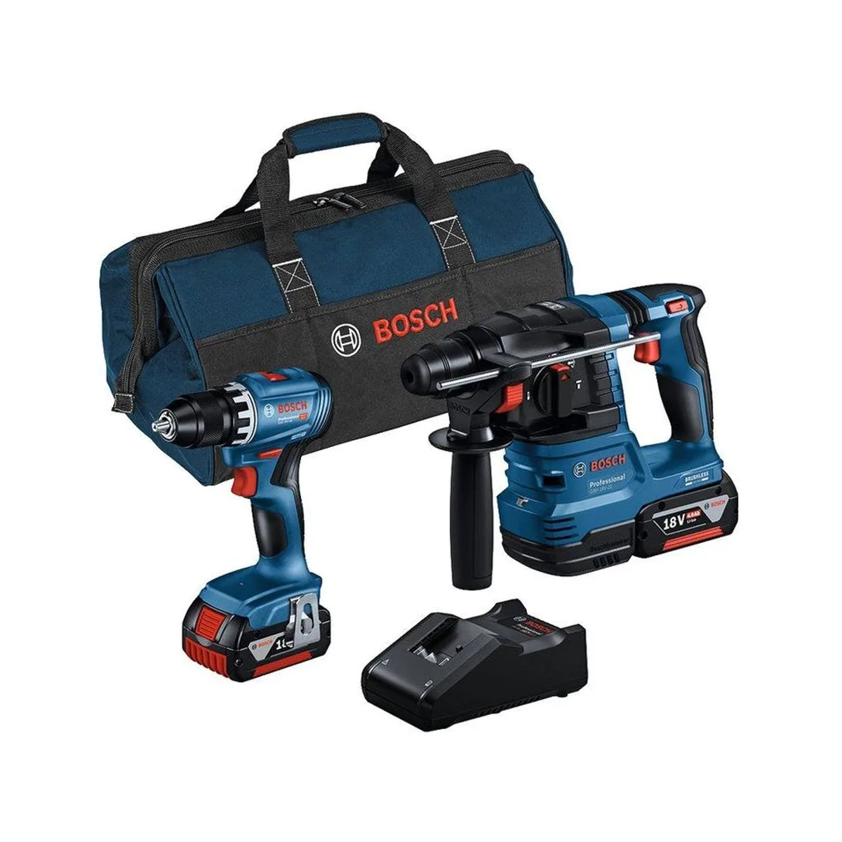 Bosch Professional Akku-Bohrhammer GBH 18 V-22 + GSR 18 V-45, Energieeffizienz, ergonomisches Design, umfassendes Set