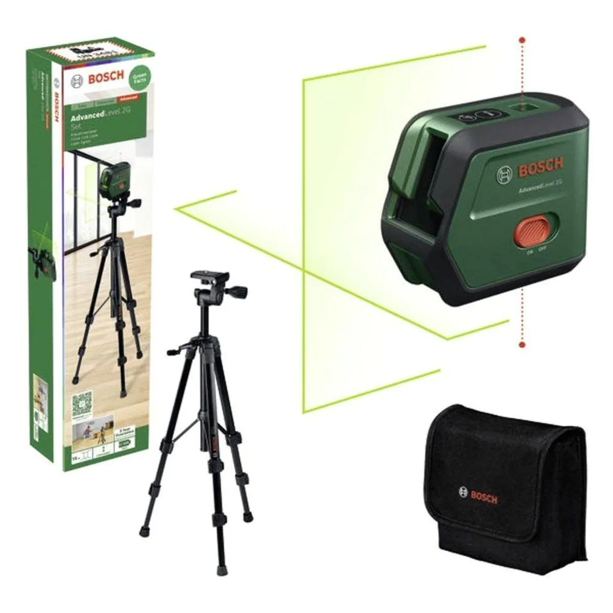 Bosch Home & Garden AdvancedLevel 2G Kreuzlinienlaser, präzise Selbstnivellierung, grüne Laserlinien