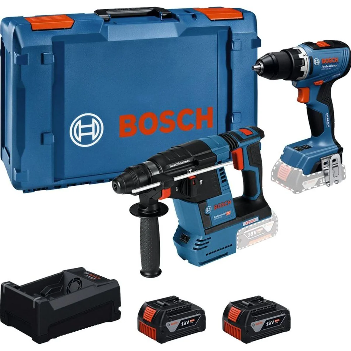 Bosch Professional Combo Kit, Akku-Bohrschrauber 18V, Bohrhammer 18V, 65 Nm Drehmoment