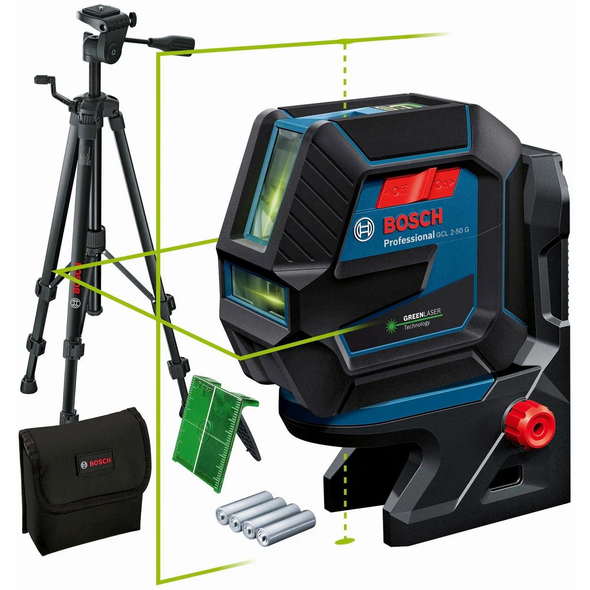 Bosch Professional GCL 2-50 G, Punkt- und Linienlaser mit Baustativ-Set — IP64, grüne Laserlinien, einfache Bedienung