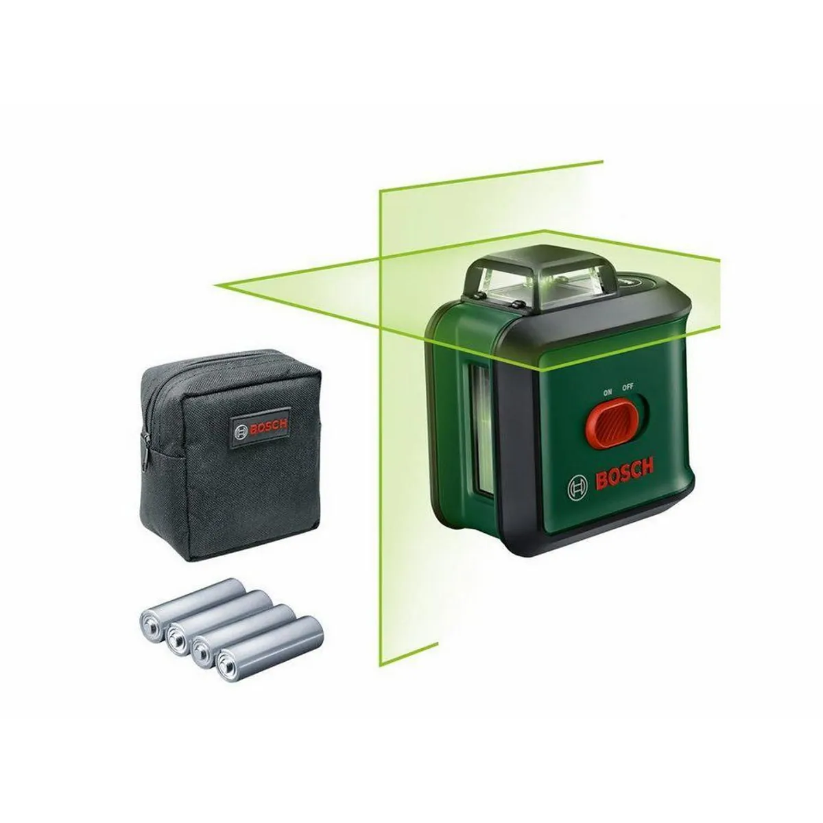 BOSCH Kreuzlinienlaser UniversalLevel 360, präzise Nivellierung, grüne Laserlinien, Selbstnivellierung 3