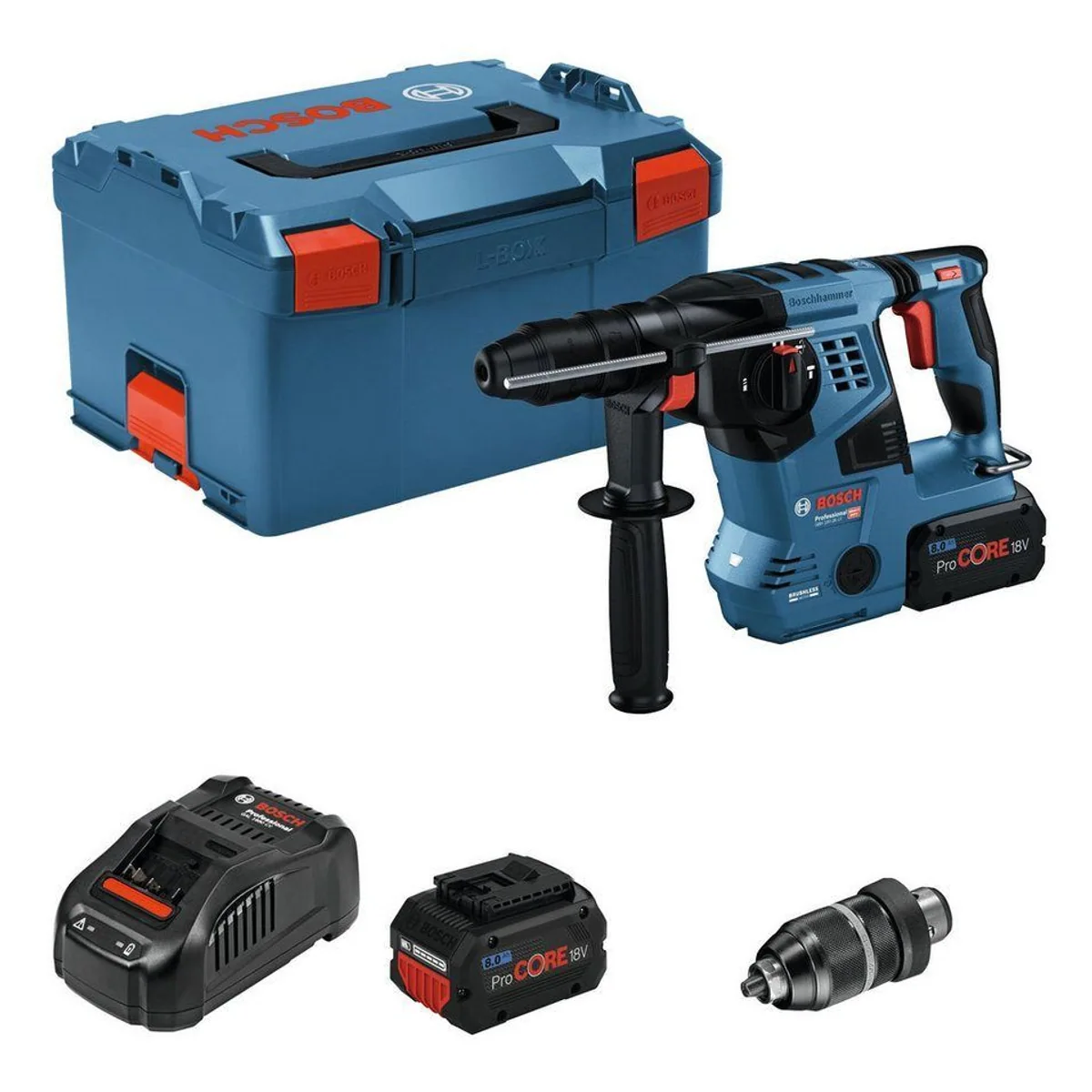 BOSCH Akku-Kombibohrhammer GBH 18V-28 CF, 18 V, SDS plus mit 2x ProCORE 8 Ah Akkus