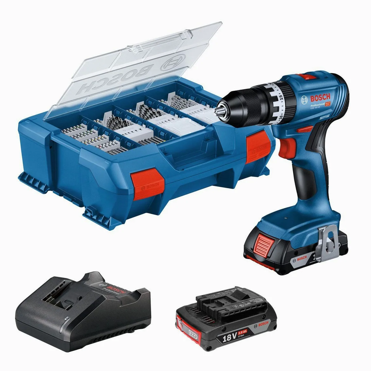 Bosch Professional GSB 18V-45, bürstenloser Motor, 2 Akkus, 82-tlg. Zubehör-Set