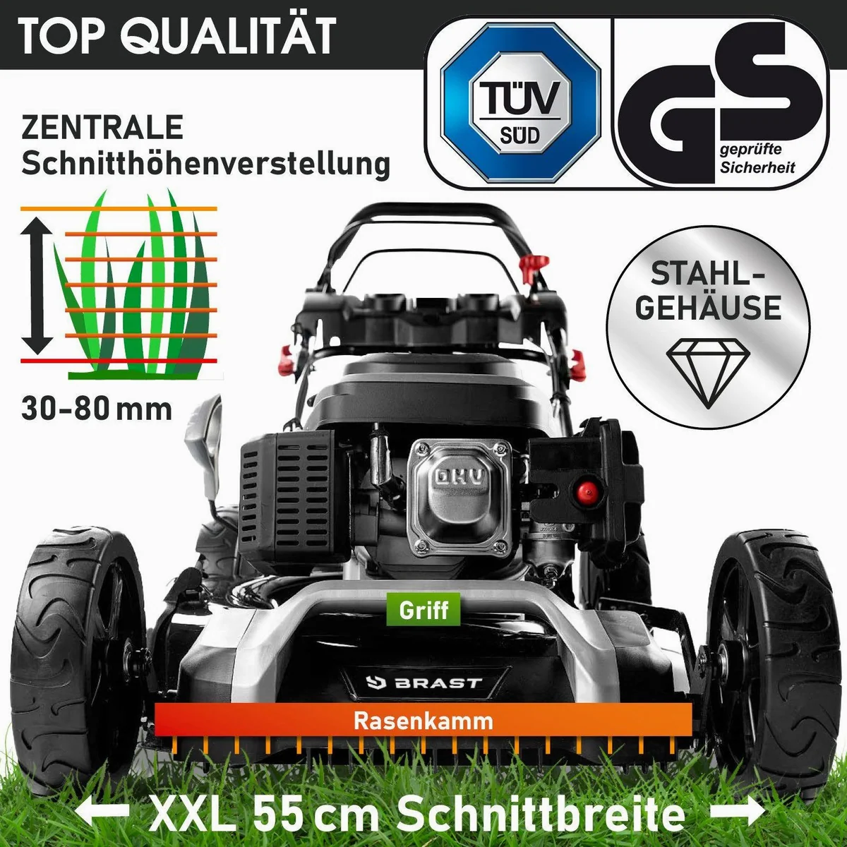BRAST Benzinrasenmäher 55 cm, 5,2 kW Motor, 4in1 Mähfunktion 4