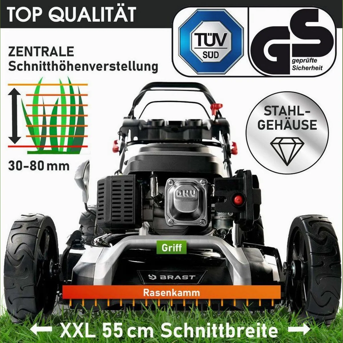 BRAST Benzinrasenmäher 22224, 55 cm Schnittbreite, 5,2 kW Leistung, TÜV-zertifiziert 5