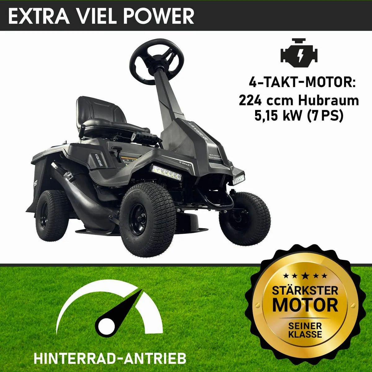BRAST Rasentraktor 61224 ESTART, kraftvoller 4-Takt Motor, Elektrostart, 61 cm Schnittbreite 3