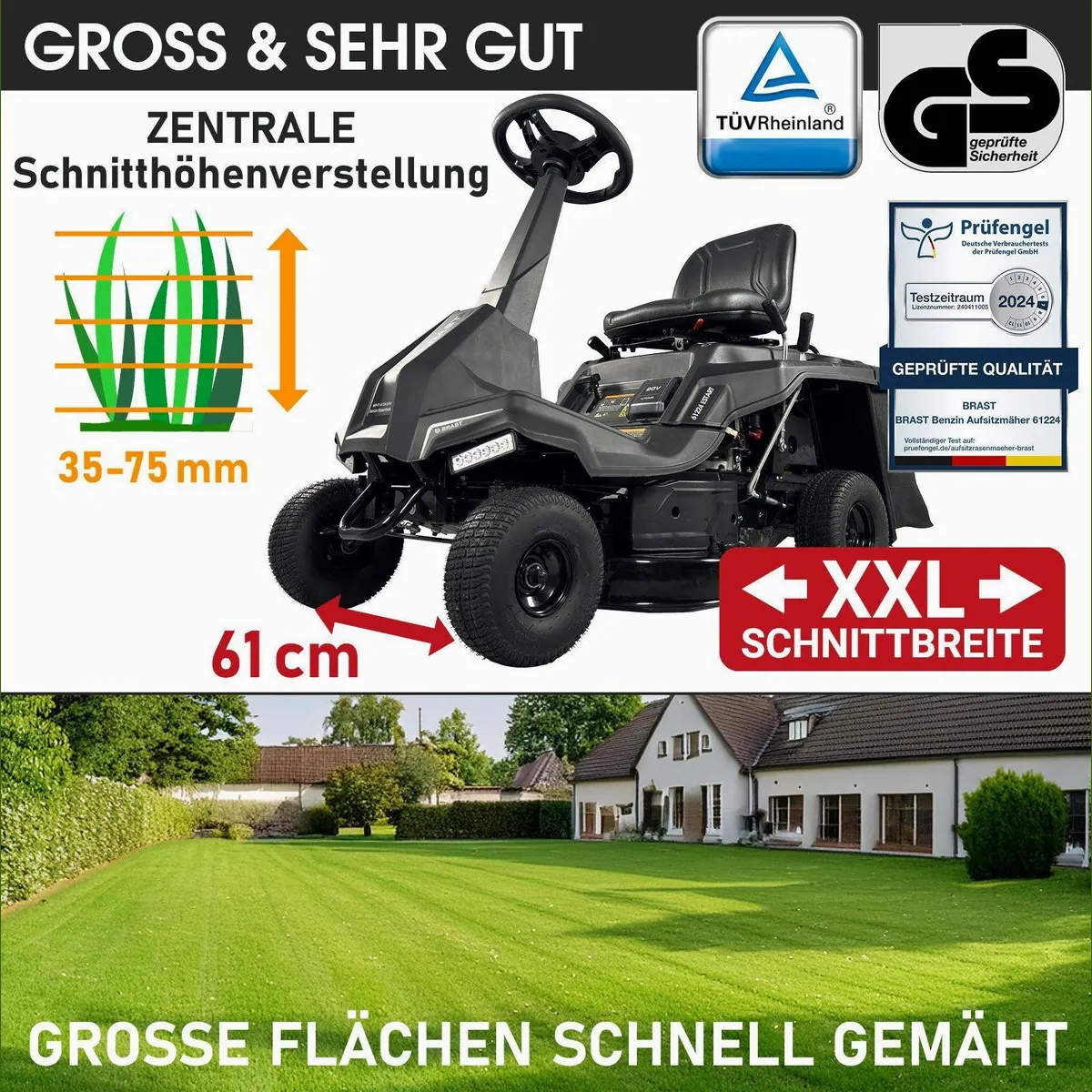 BRAST Rasentraktor 61224 ESTART, kraftvoller 4-Takt Motor, Elektrostart, 61 cm Schnittbreite 5