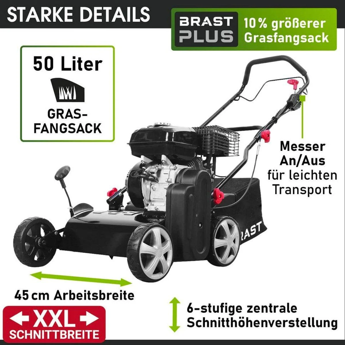 BRAST Benzin-Vertikutierer 4,5kW, 45 cm Arbeitsbreite, TÜV geprüft, 50L Fangkorb 4