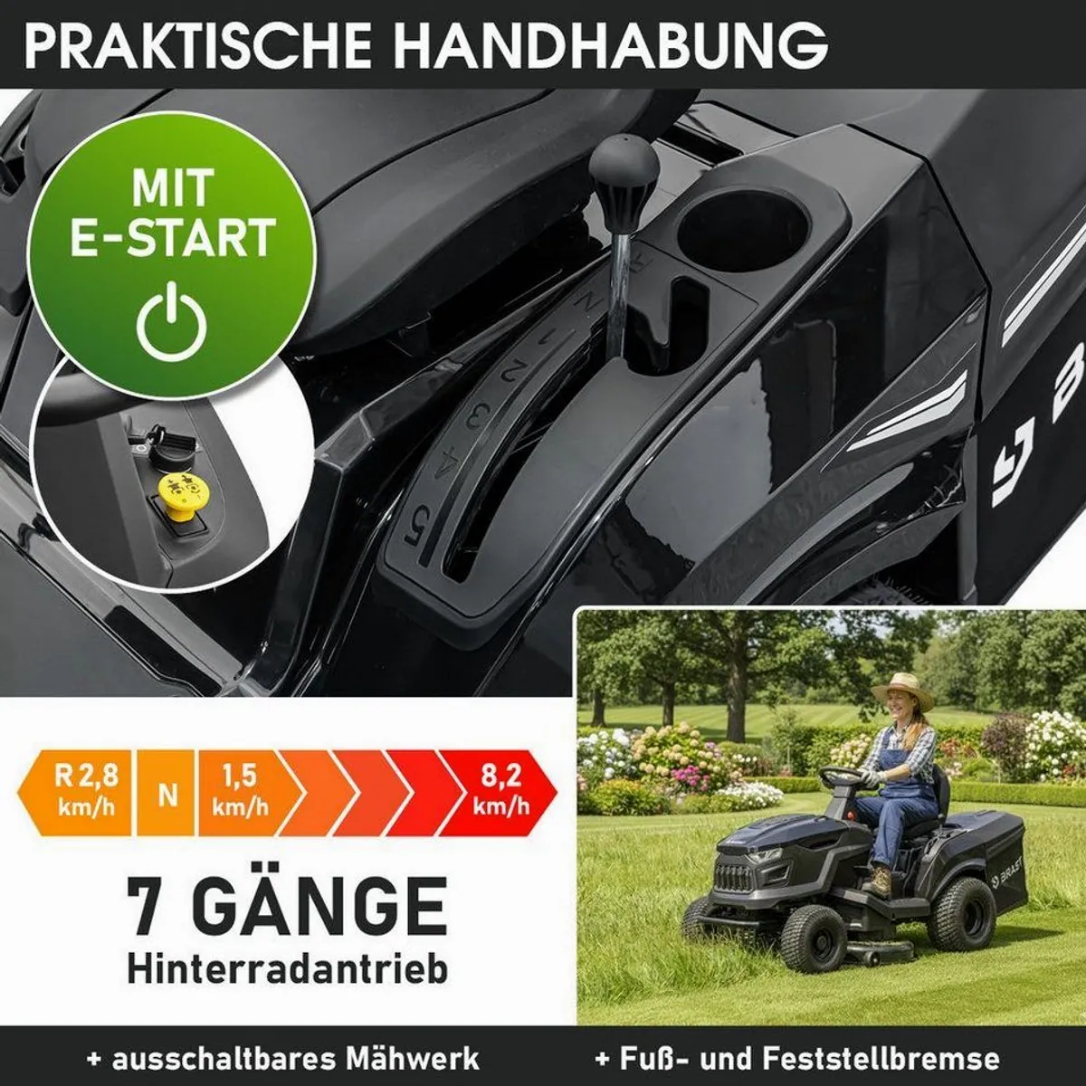 BRAST Benzin Rasentraktor, 12,5 PS, Elektrostart, 98 cm Schnittbreite, 2in1-Funktion 3