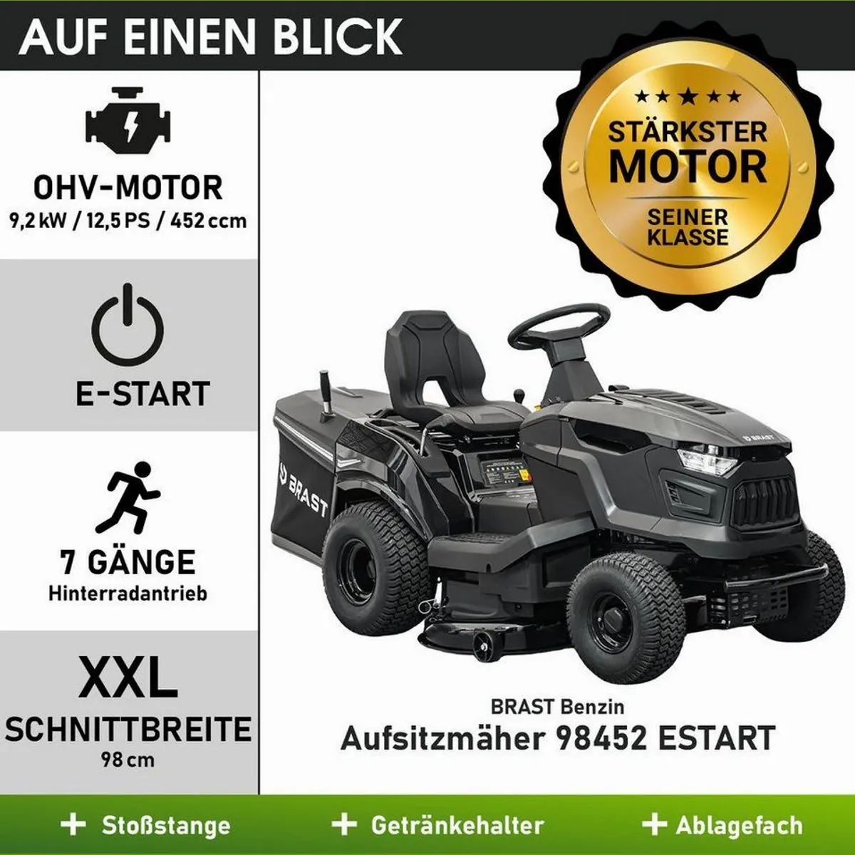 BRAST Benzin Rasentraktor, 12,5 PS, Elektrostart, 98 cm Schnittbreite, 2in1-Funktion 5