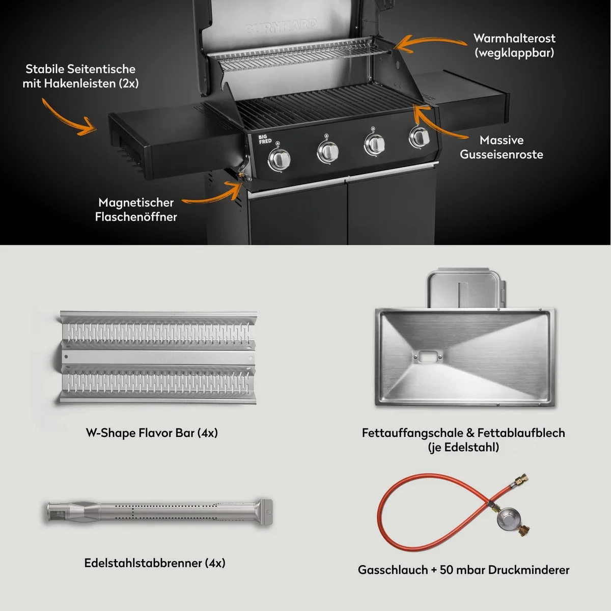 BURNHARD Big FRED Base Gasgrill, 15 kW, 4 Edelstahlbrenner, große Grillfläche 4