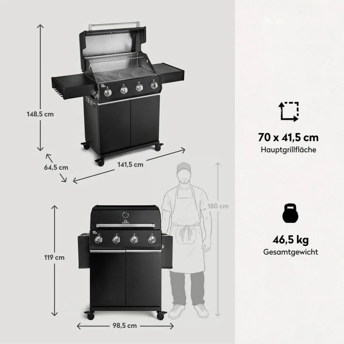BURNHARD Big FRED Base Gasgrill, 15 kW Leistung, 4 Edelstahlbrenner, große Grillfläche 3