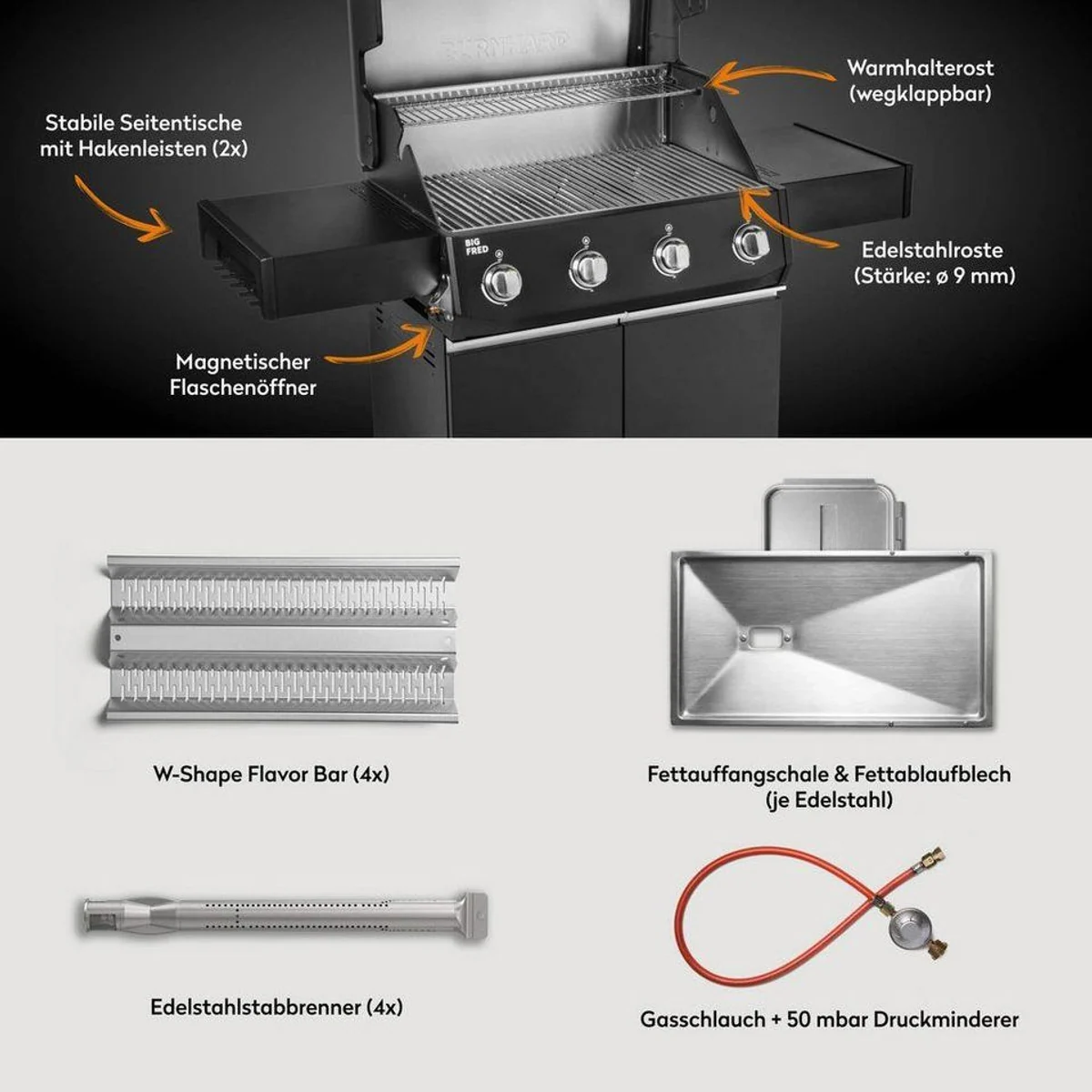 BURNHARD Big FRED Base Gasgrill, 15 kW Leistung, 4 Edelstahlbrenner, große Grillfläche 4