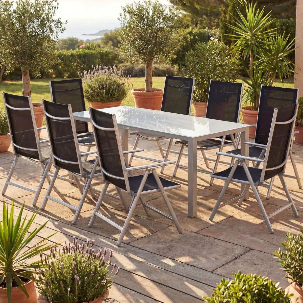 Casaria Garten-Essgruppe Bern, 9-teilig, Aluminium, Sicherheitsglas, klappbare Stühle 2