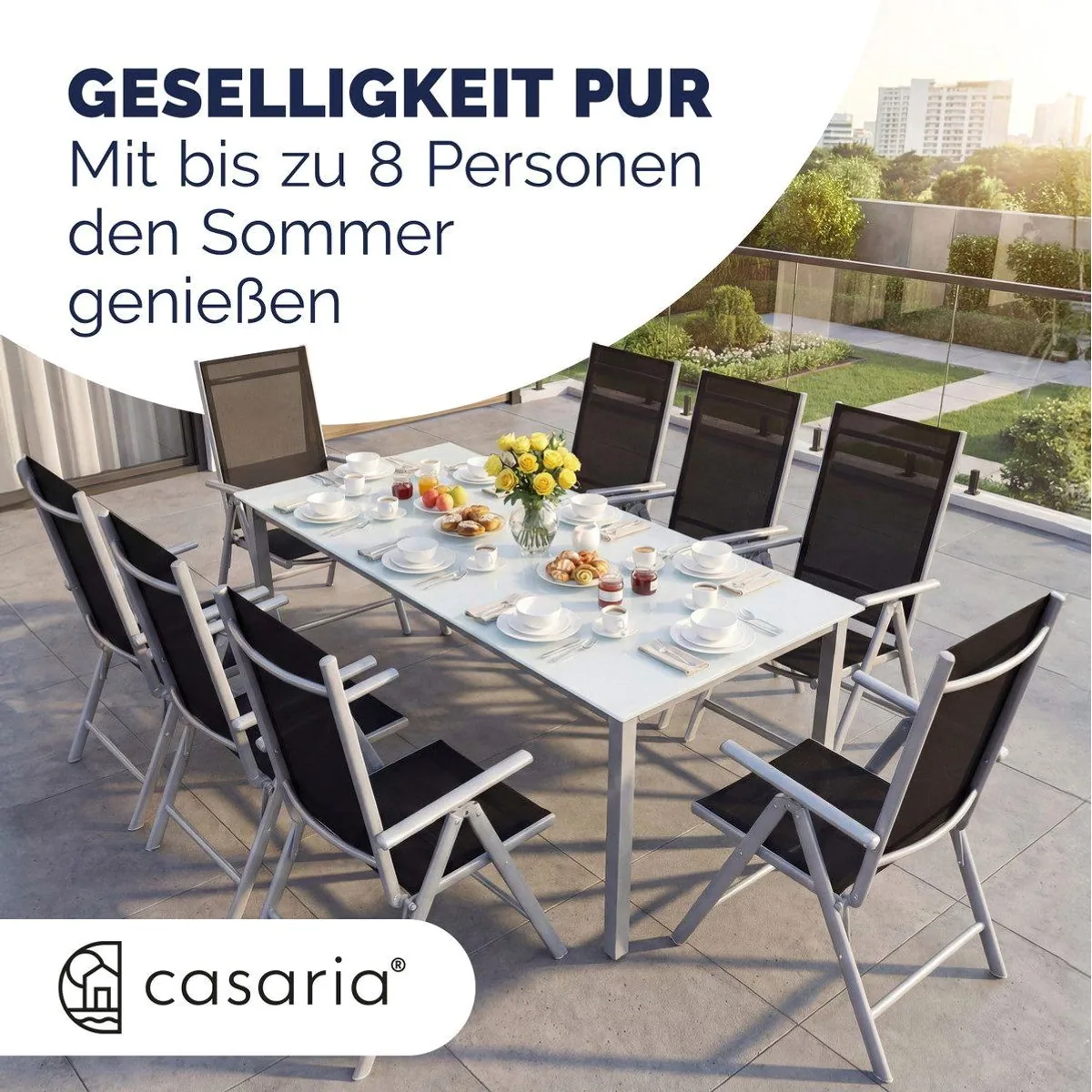 Casaria Garten-Essgruppe Bern, 9-teilig, Aluminium, Sicherheitsglas, klappbare Stühle 5