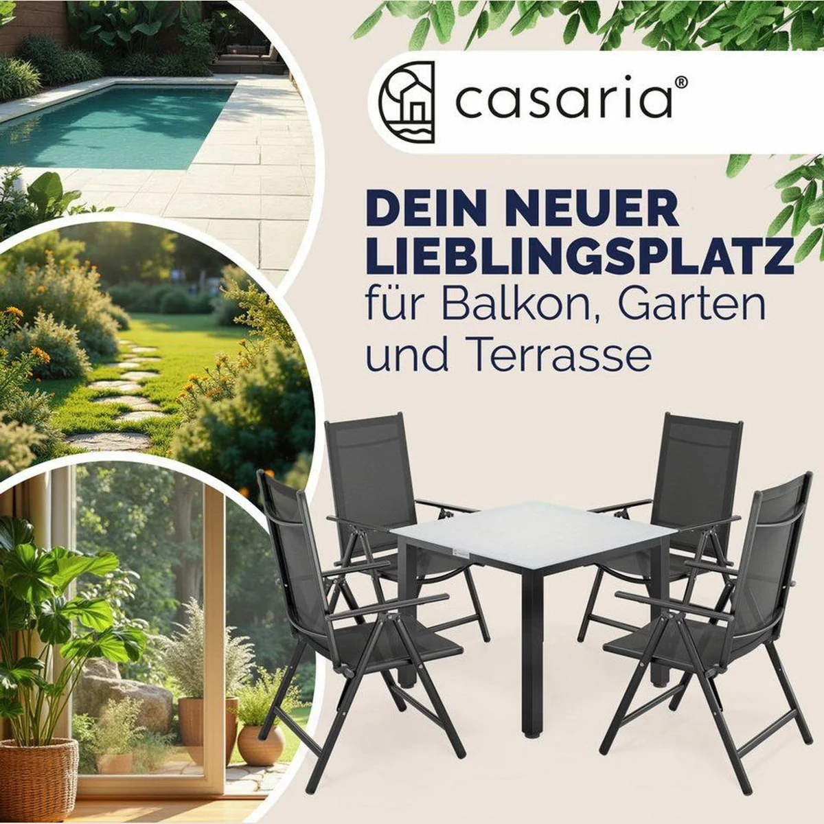 Casaria Garten-Essgruppe Bern, wetterfest, klappbare Stühle, 5mm Sicherheitsglas 5