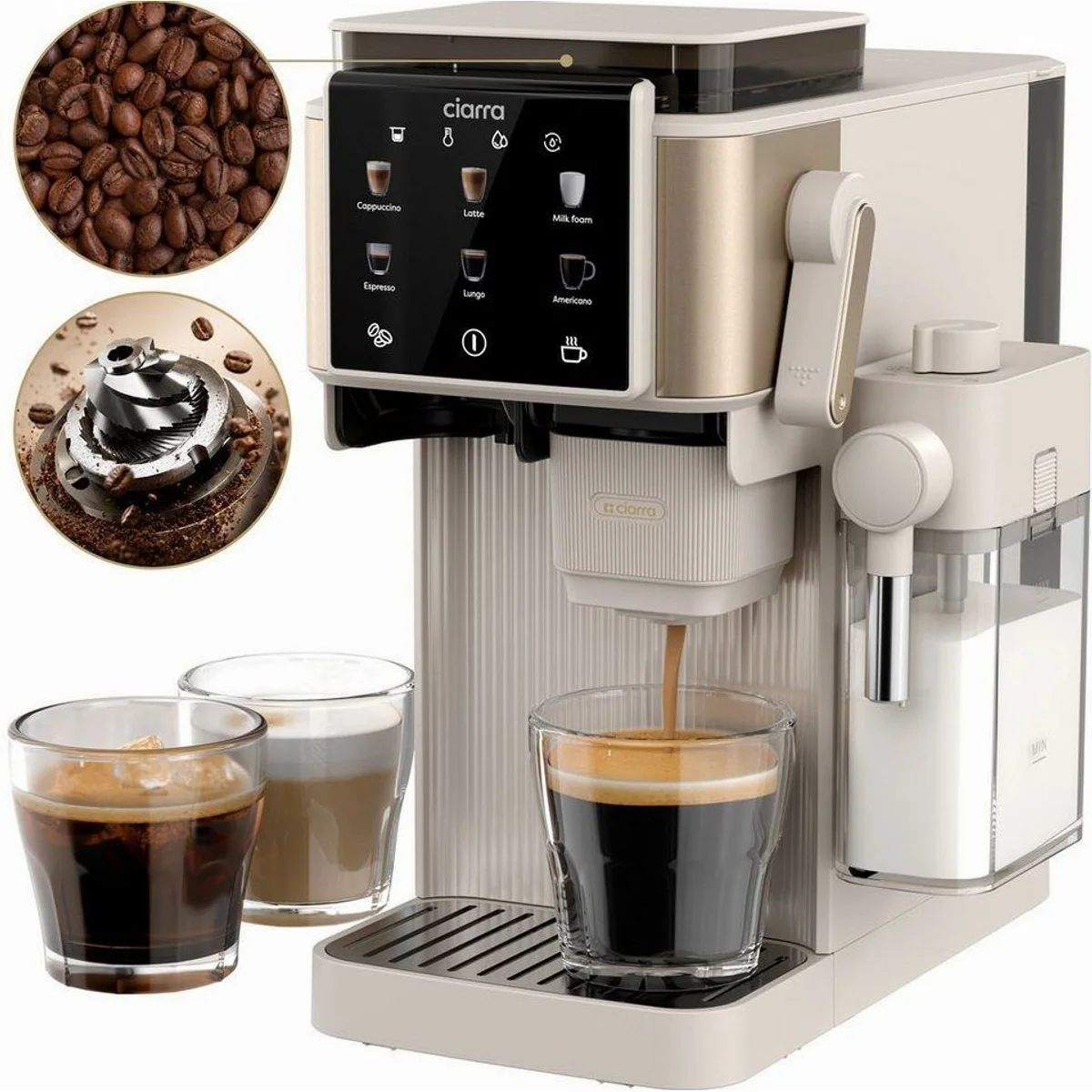 CIARRA Kaffeemaschine CBSACM-D6, integriertes Mahlwerk & Milchaufschäumer — 6 Kaffeeoptionen, 15 Bar Druck, Touchdisplay