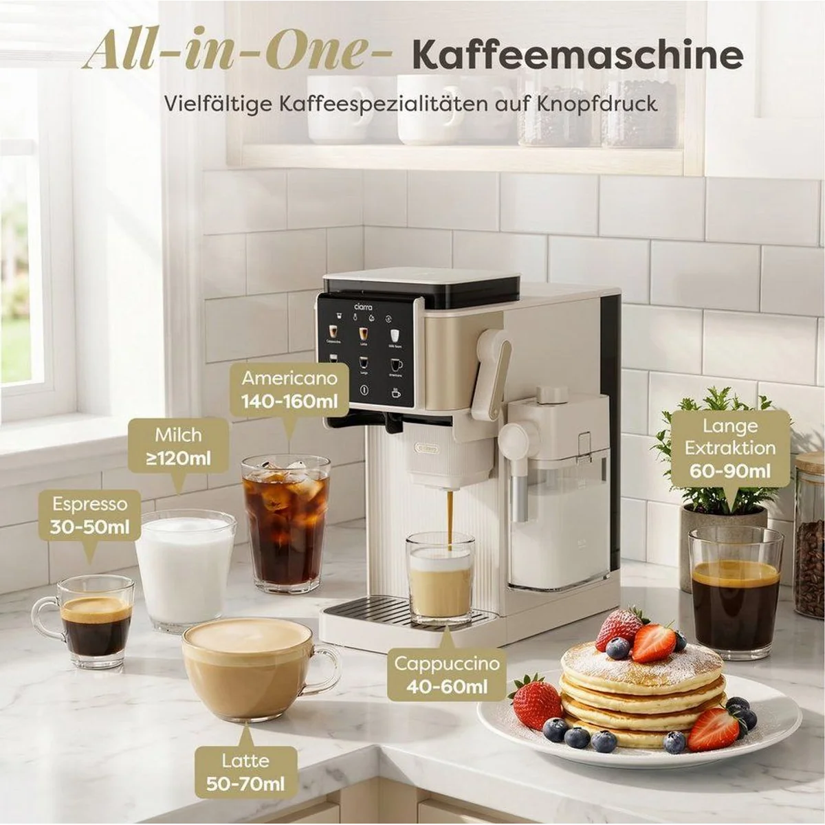 CIARRA Kaffeemaschine CBSACM-D6, integriertes Mahlwerk & Milchaufschäumer — 6 Kaffeeoptionen, 15 Bar Druck, Touchdisplay 2
