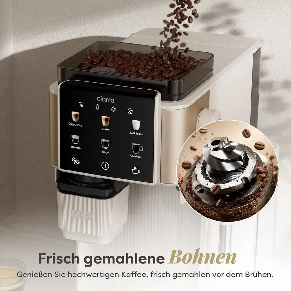 CIARRA Kaffeemaschine CBSACM-D6, integriertes Mahlwerk & Milchaufschäumer — 6 Kaffeeoptionen, 15 Bar Druck, Touchdisplay 3