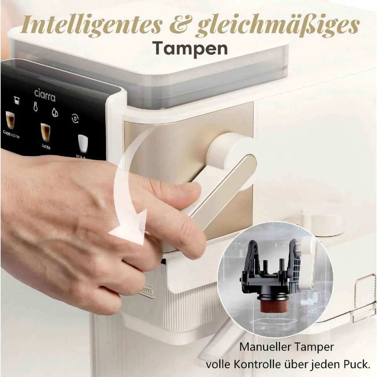 CIARRA Kaffeemaschine CBSACM-D6, integriertes Mahlwerk & Milchaufschäumer — 6 Kaffeeoptionen, 15 Bar Druck, Touchdisplay 4