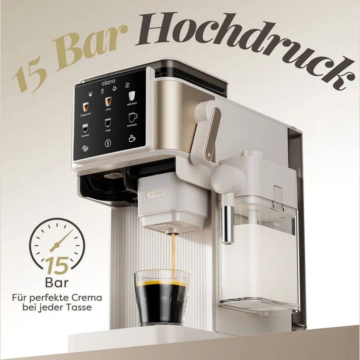 CIARRA Kaffeemaschine CBSACM-D6, integriertes Mahlwerk & Milchaufschäumer — 6 Kaffeeoptionen, 15 Bar Druck, Touchdisplay 5