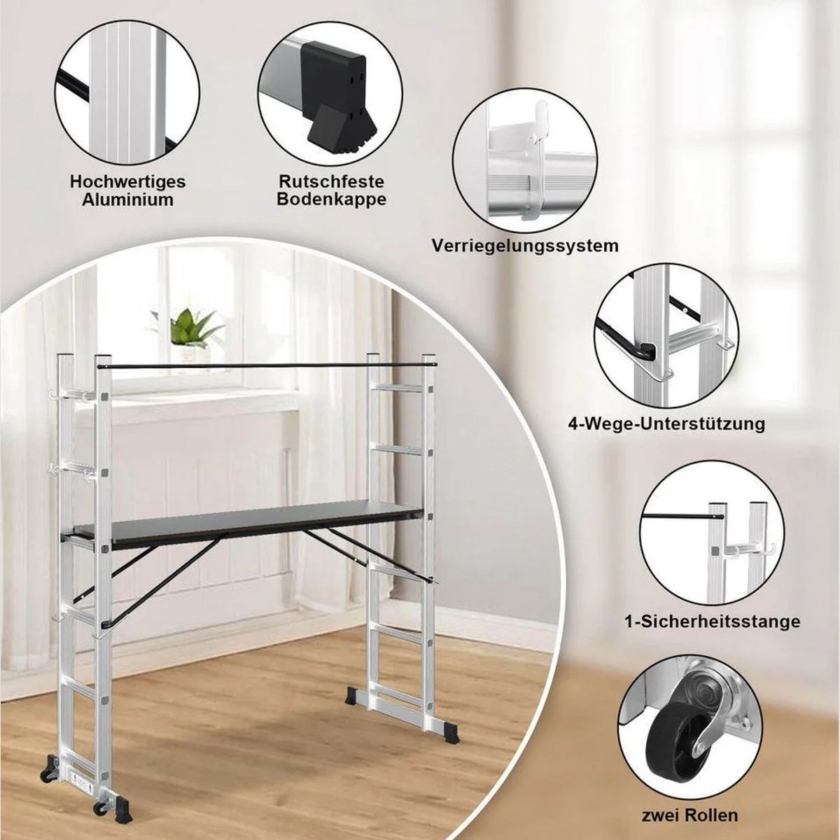 Clanmacy 4-in-1 Arbeitsgerüst, Aluminium Mehrzweckleiter mit Plattform 5