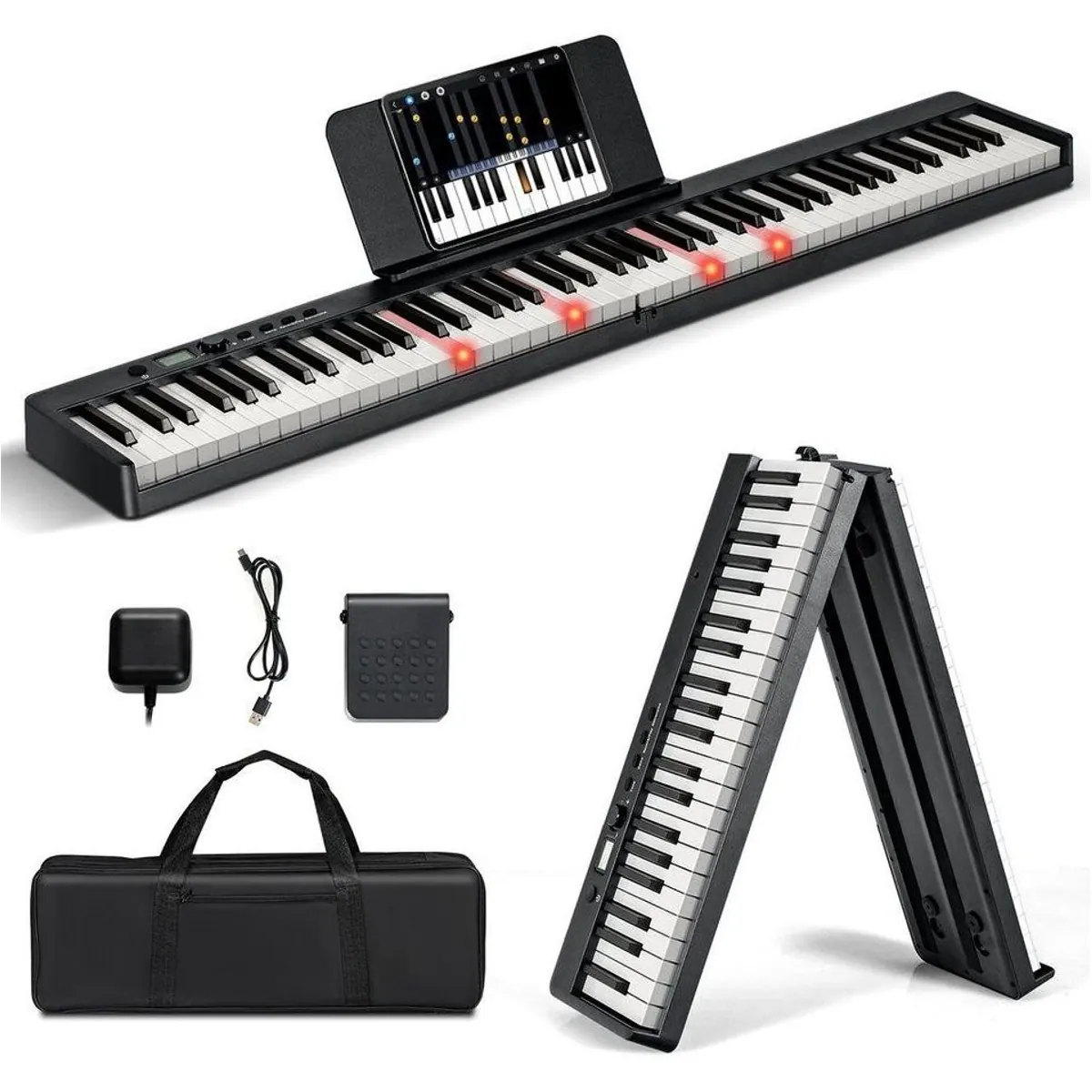 COSTWAY Home-Keyboard, 88 beleuchtete Tasten, zwei Lehrmodi