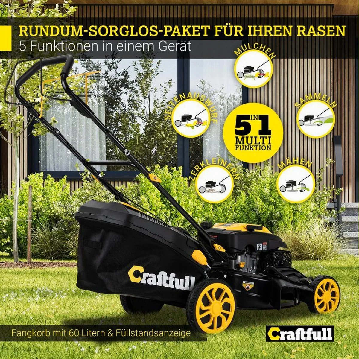 Craftfull CR-196-30 Benzinrasenmäher, 6 PS, 53 cm Schnittbreite, 5in1-Funktionen 3