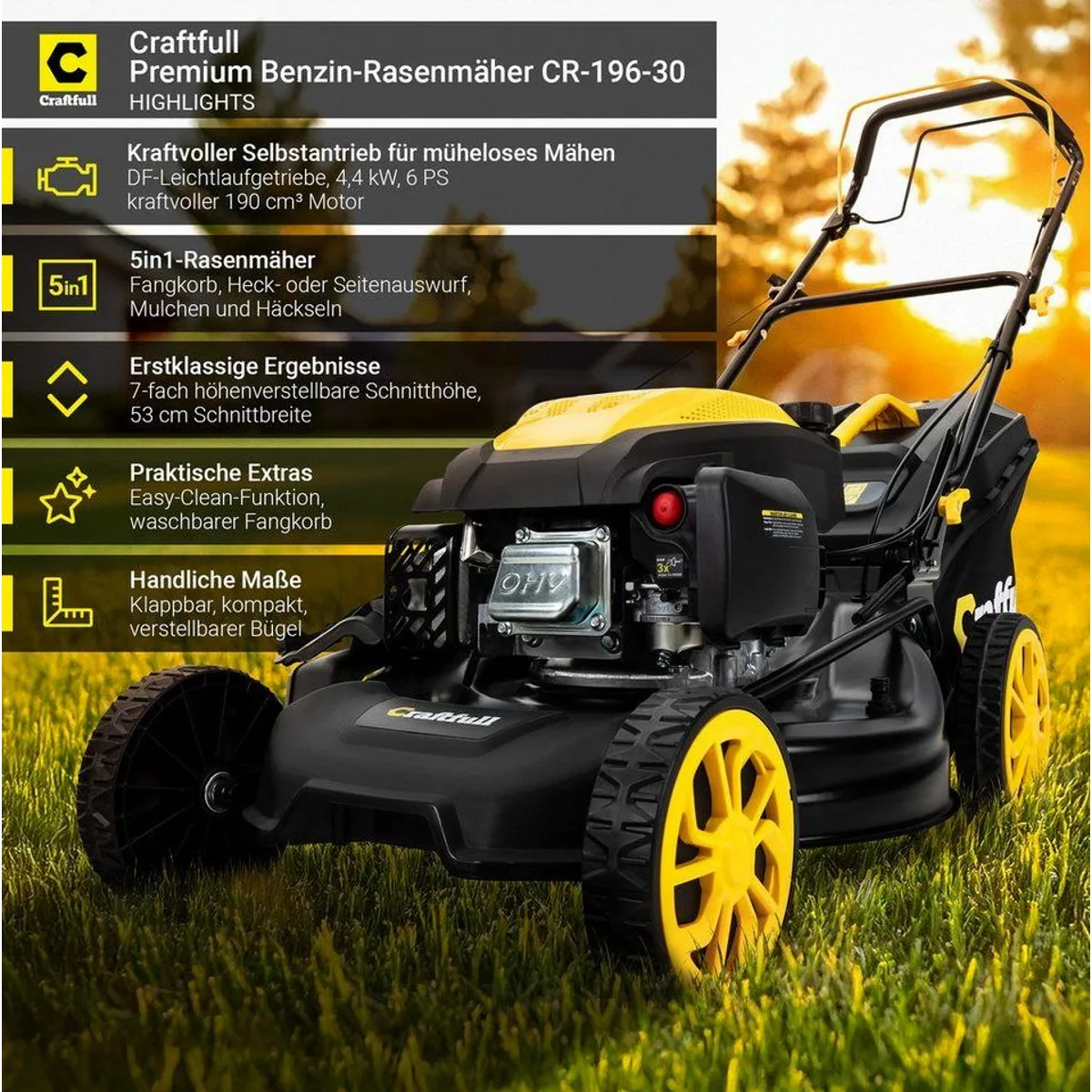 Craftfull CR-196-30 Benzinrasenmäher, 6 PS, 53 cm Schnittbreite, 5in1 Funktionen 2