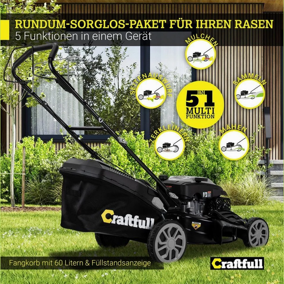 Craftfull CR-196-30 Benzinrasenmäher, 6 PS, 53 cm Schnittbreite, 5in1 Funktionen 4