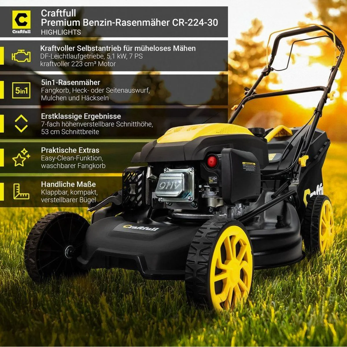 Craftfull CR-224-30 Benzinrasenmäher, 7 PS, 53 cm Schnittbreite, 5 Funktionen 2