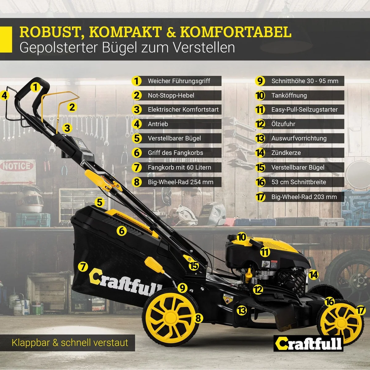 Craftfull CR-196-30E Benzinrasenmäher, E-Starter, 53 cm Schnittbreite, 5in1 Funktionen 5