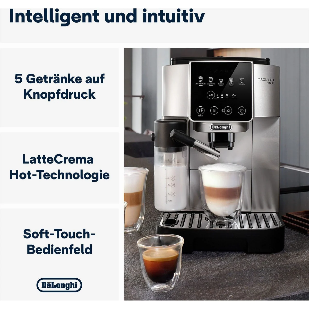 De'Longhi Magnifica Start Milk ECAM220.80.SB, Milchkaraffe inklusive, perfekter Cappuccino, intuitives Bedienfeld 5