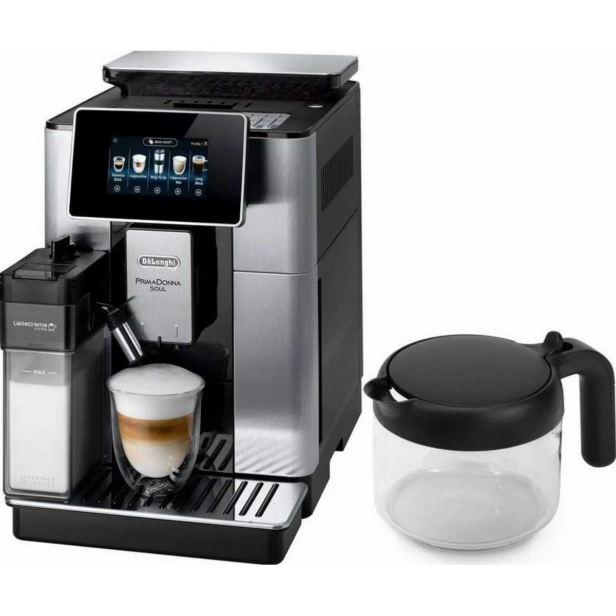 De'Longhi PrimaDonna Soul ECAM610.75.MB, Kaffeekannen-Funktion, Bean Adapt Technology, Edelstahl