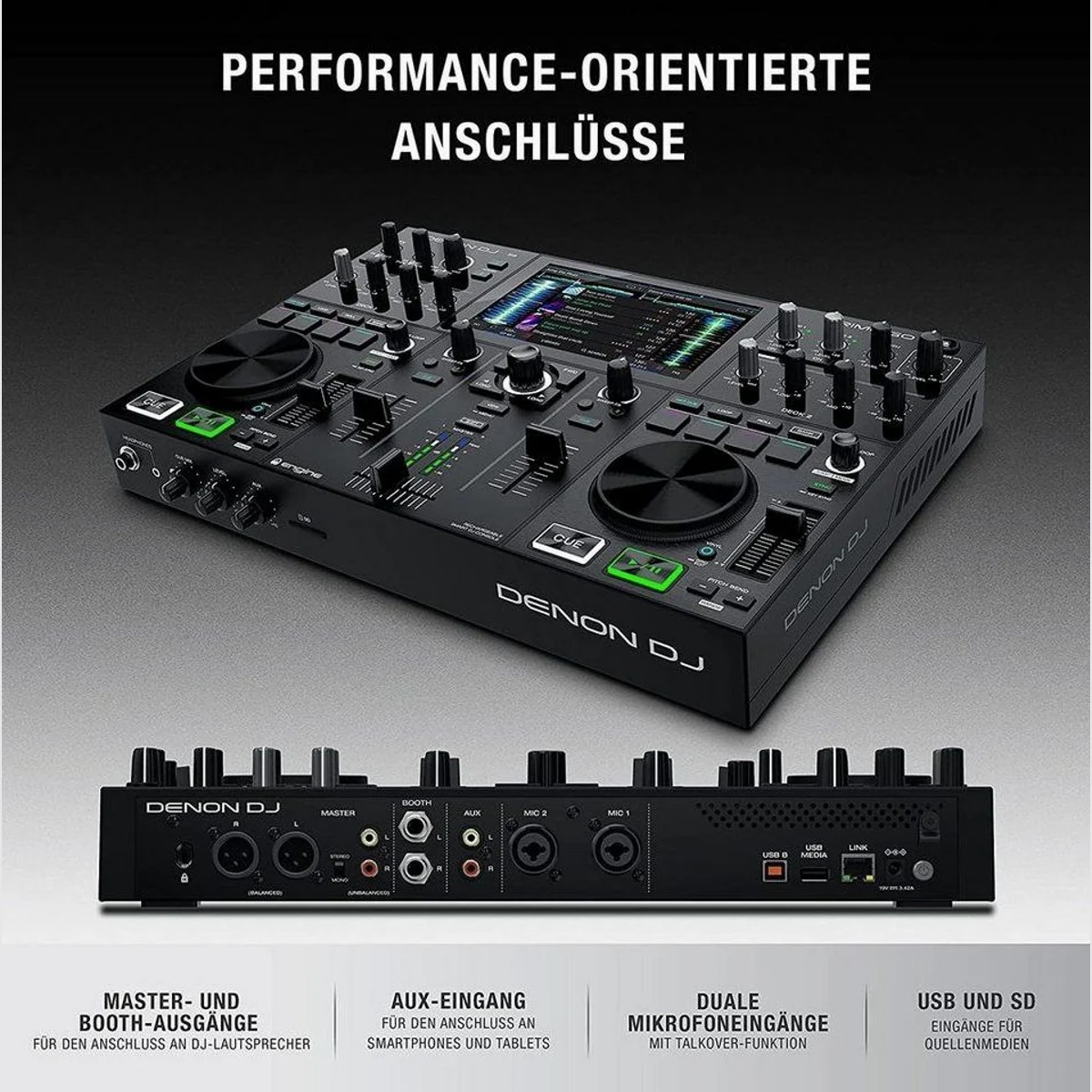 Denon DJ PRIME GO DJ-System, zwei Decks, 7“ Touchscreen, integrierte Effekteinheit 3