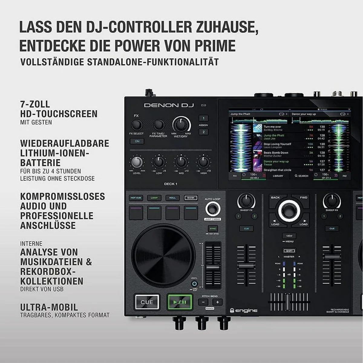 Denon DJ PRIME GO DJ-System, zwei Decks, 7“ Touchscreen, integrierte Effekteinheit 4