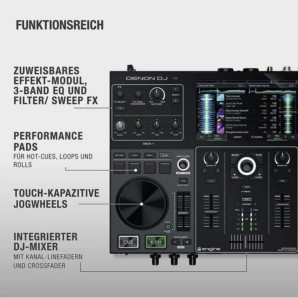 Denon DJ PRIME GO DJ-System, zwei Decks, 7“ Touchscreen, integrierte Effekteinheit 5