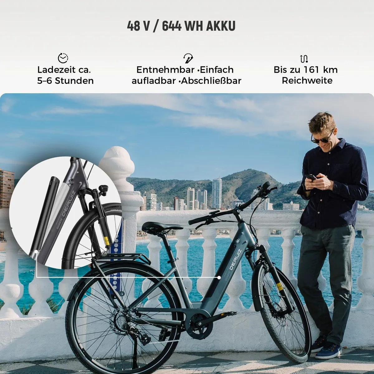 DERUIZ E-Bike Cityrad 28 Zoll, 644 Wh Akku, 8-Gang Shimano, Drehmomentsensor 5