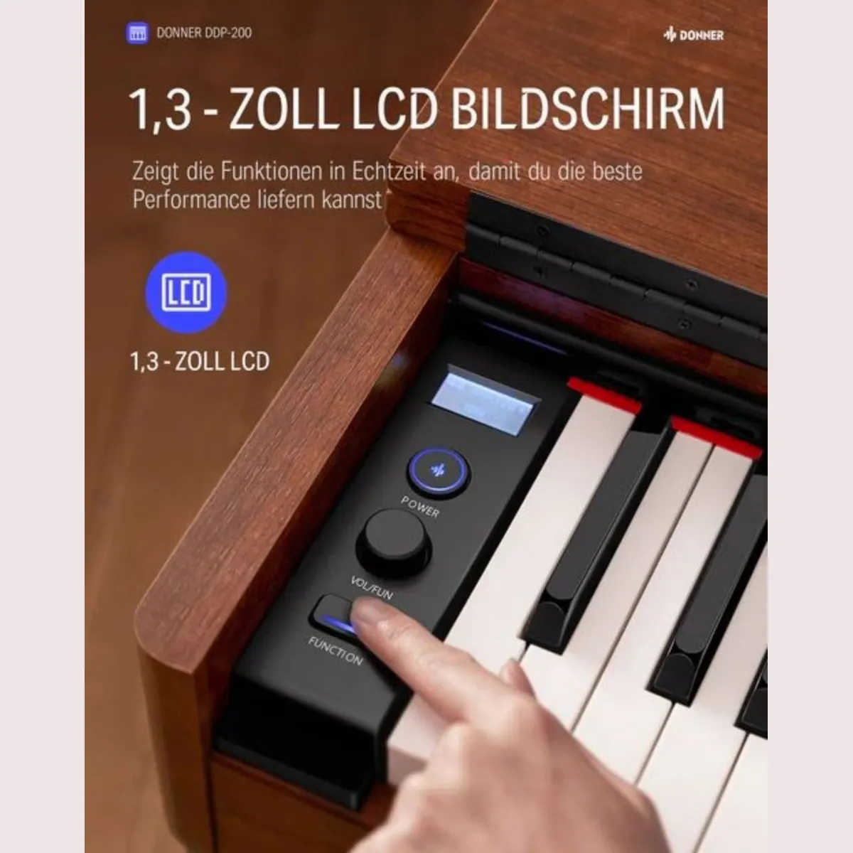 Donner DDP-200 Digitalpiano, 88 gewichtete Tasten, Bluetooth-MIDI, Holzgehäuse, LCD-Display 2