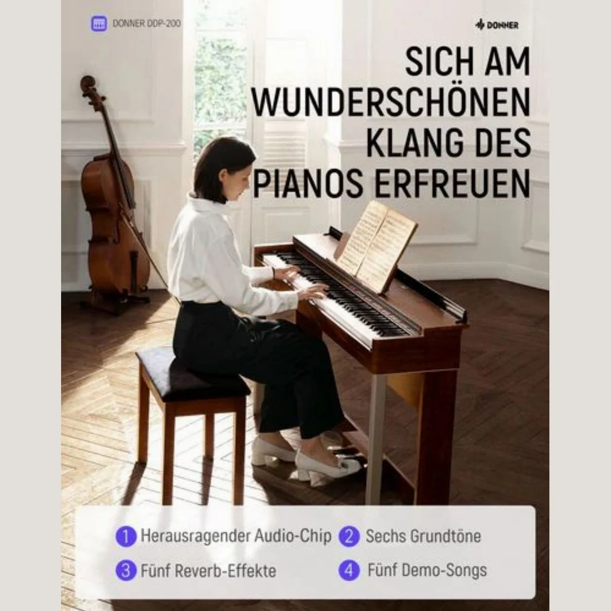Donner DDP-200 Digitalpiano, 88 gewichtete Tasten, Bluetooth-MIDI, Holzgehäuse, LCD-Display 3
