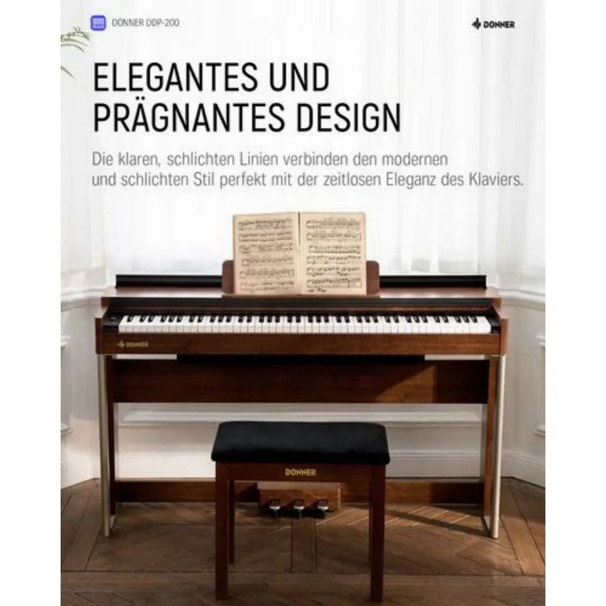 Donner DDP-200 Digitalpiano, 88 gewichtete Tasten, Bluetooth-MIDI, Holzgehäuse, LCD-Display 4