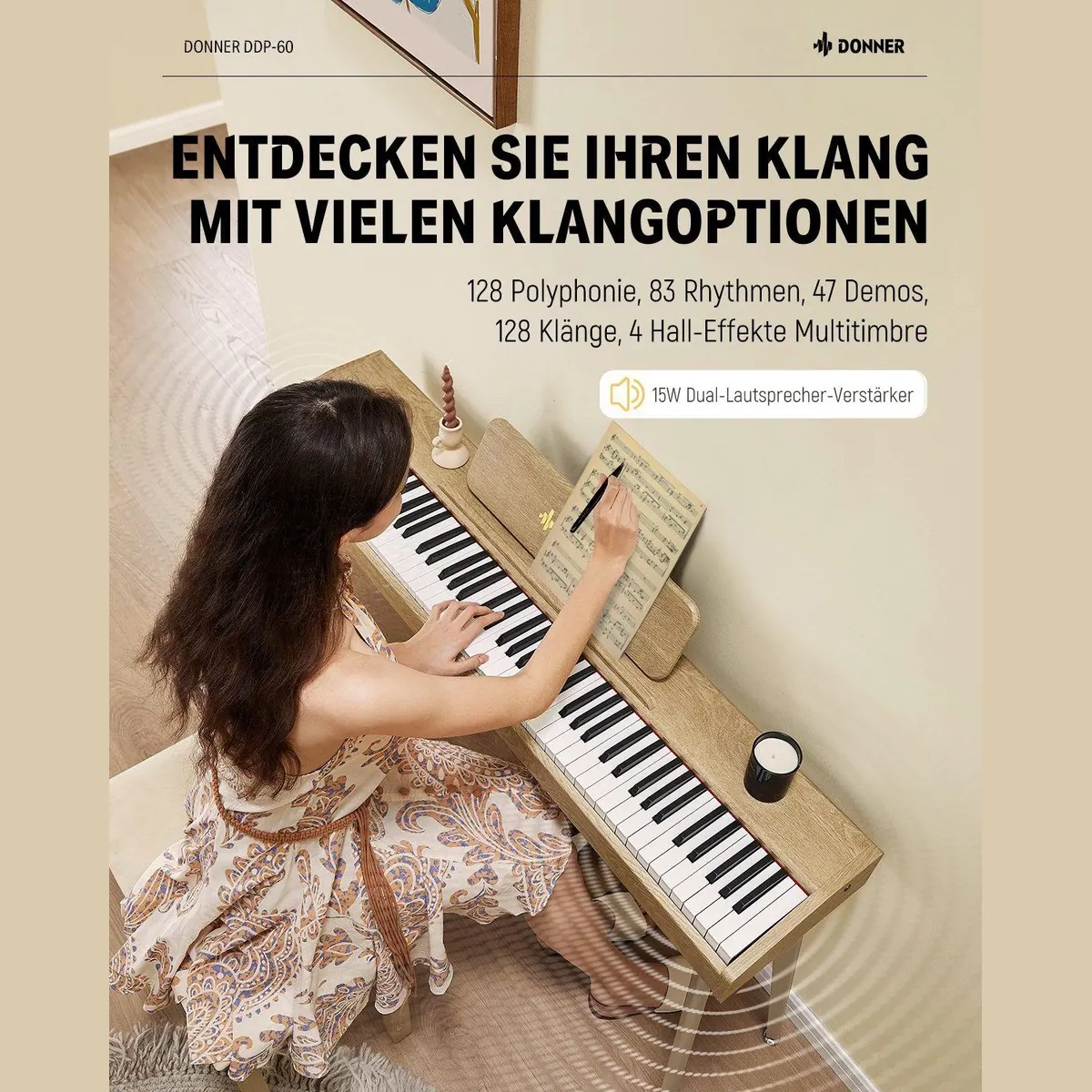 Donner DDP-60 Digitalpiano, 128 Stimmen, 83 Rhythmen, 88 halbgewichtete Tasten 3